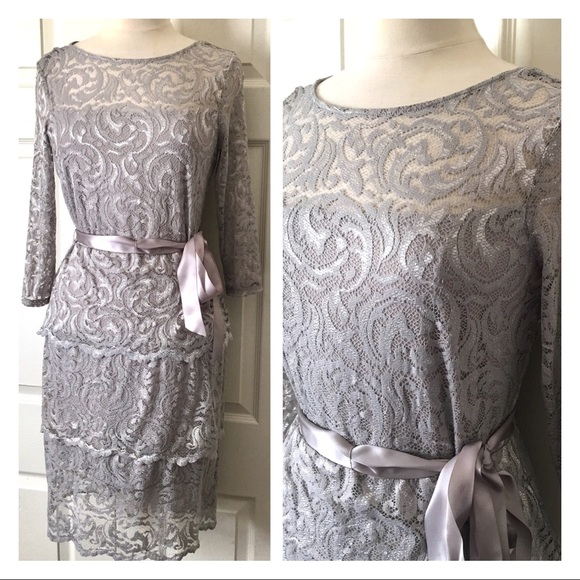 MARINA Dresses & Skirts - Marina Lace Tiered Grey Dress Size 10